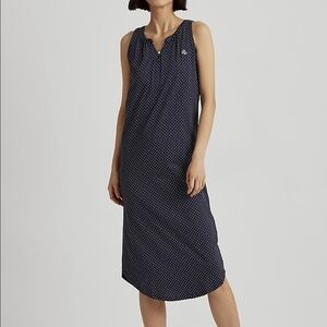 Ralph Lauren Midi Dress Size Medium Polka Dots Navy White Sleeveless Lightweight